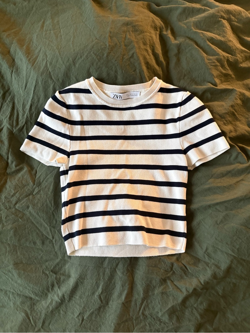 Zara Striped Ribbed Knit Short Sleeve Crop Top Navy White S